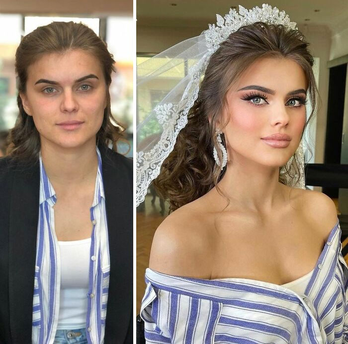 Chica con camisa a rayas ;Mujeres antes y después de ser maquilladas para su boda