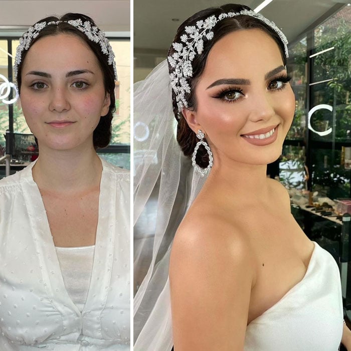 Chica con velo de novia ;Mujeres antes y después de ser maquilladas para su boda