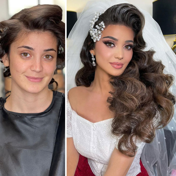 Chica con ondas y broche en el cabello ;Mujeres antes y después de ser maquilladas para su boda