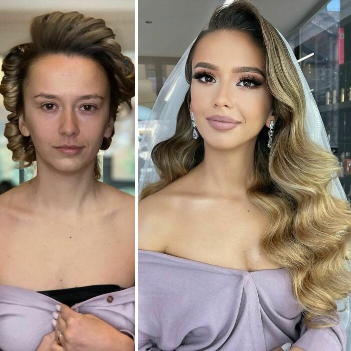 Chica con vestido lila ;Mujeres antes y después de ser maquilladas para su boda