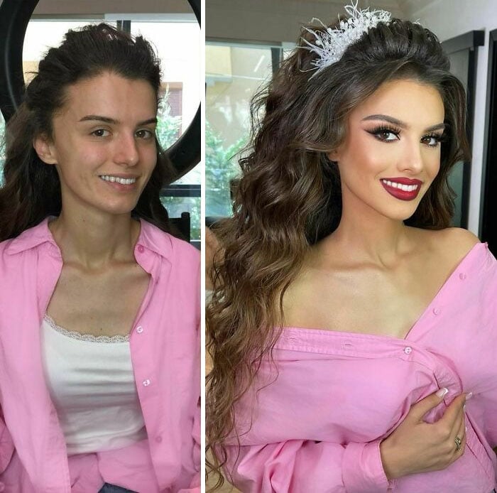 Chica con vestido rosa ;Mujeres antes y después de ser maquilladas para su boda