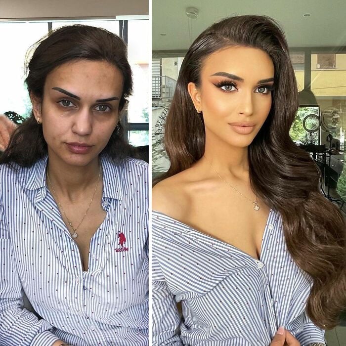 Chica con camisa de vestir ;Mujeres antes y después de ser maquilladas para su boda