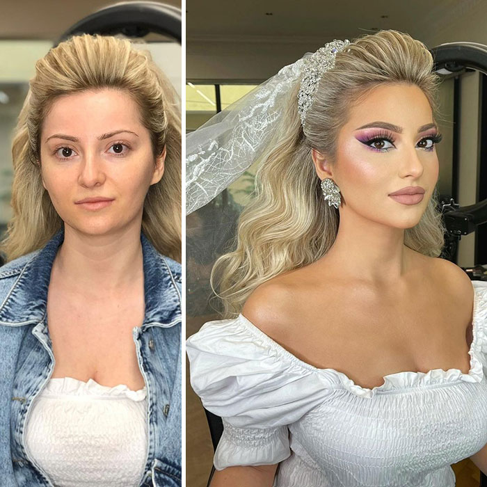 chica con chamarra de mezclilla ;Mujeres antes y después de ser maquilladas para su boda