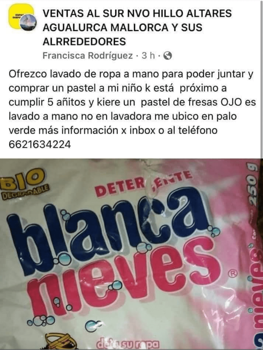 anuncio en Facebook; Ofrece lavar ropa para comprar un pastel de cumpleaños para su hijo