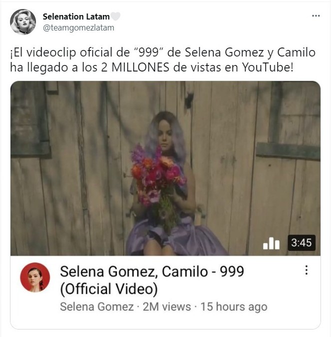 Tuit colaboración Selena Gomez y Camilo 999; 