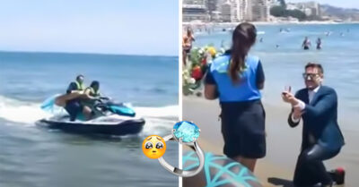Hombre llegó en moto acuática a pedirle matrimonio a su novia; quería sorprenderla en la playa