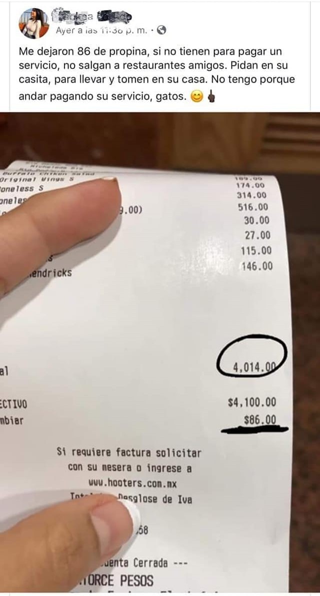 ticket de compra; mesera se queja por la propina que recibió y desata comentarios en redes