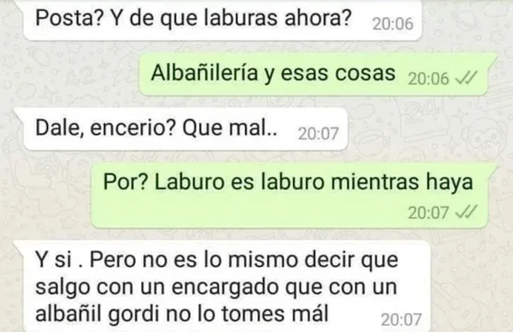 Mensaje por whatsapp; rechaza a hombre por sel albañil y se vuelve viral 