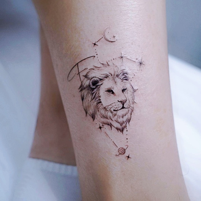 different original designs inspired by the zodiac sign Leo, black ink, with lions, stars, constellation