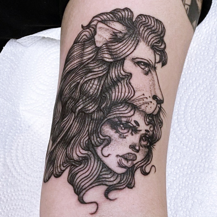 different original designs inspired by the zodiac sign Leo, black ink, with lions, stars, constellation