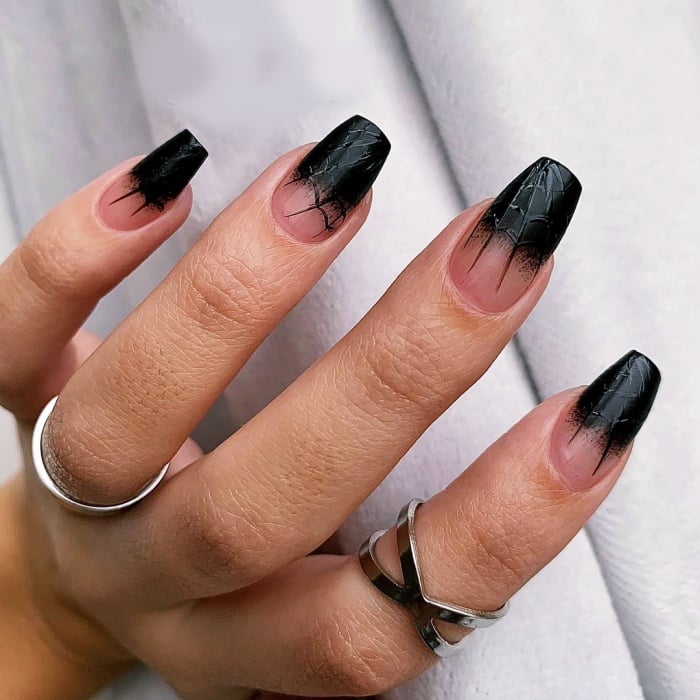 long nails, false nails, manicure, gelish in dark style, esoteric, witches, witchy style, dark academia in shades of black, purple, blue, gold, green, with stars, moons, ghosts and galaxies