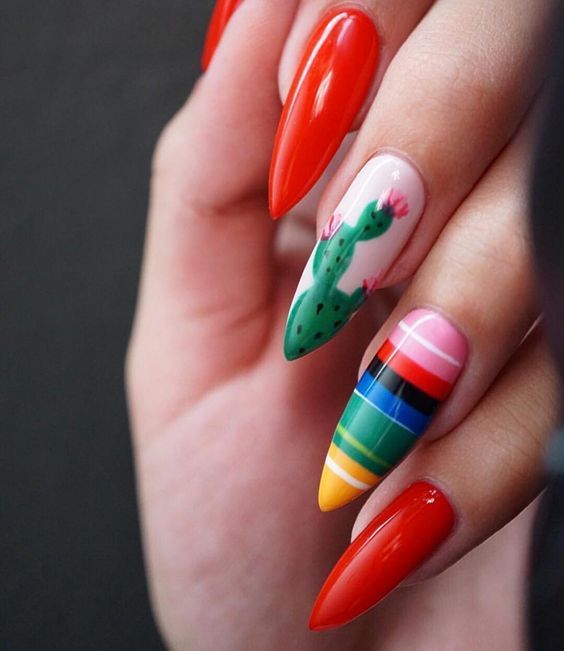 Red nails with nopales and lines; 20 Ideas to give your nails a Mexican style and full of color