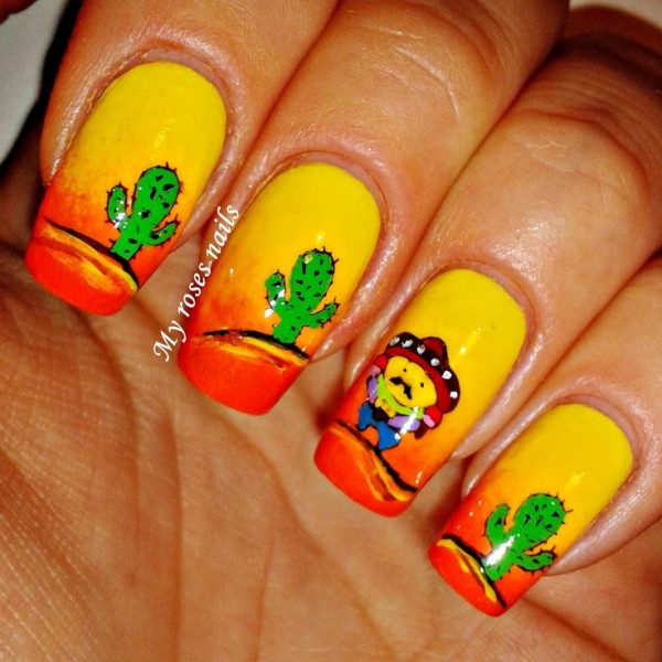 Nails with sunset in yellow and orange; 20 Ideas to give your nails a Mexican style and full of color