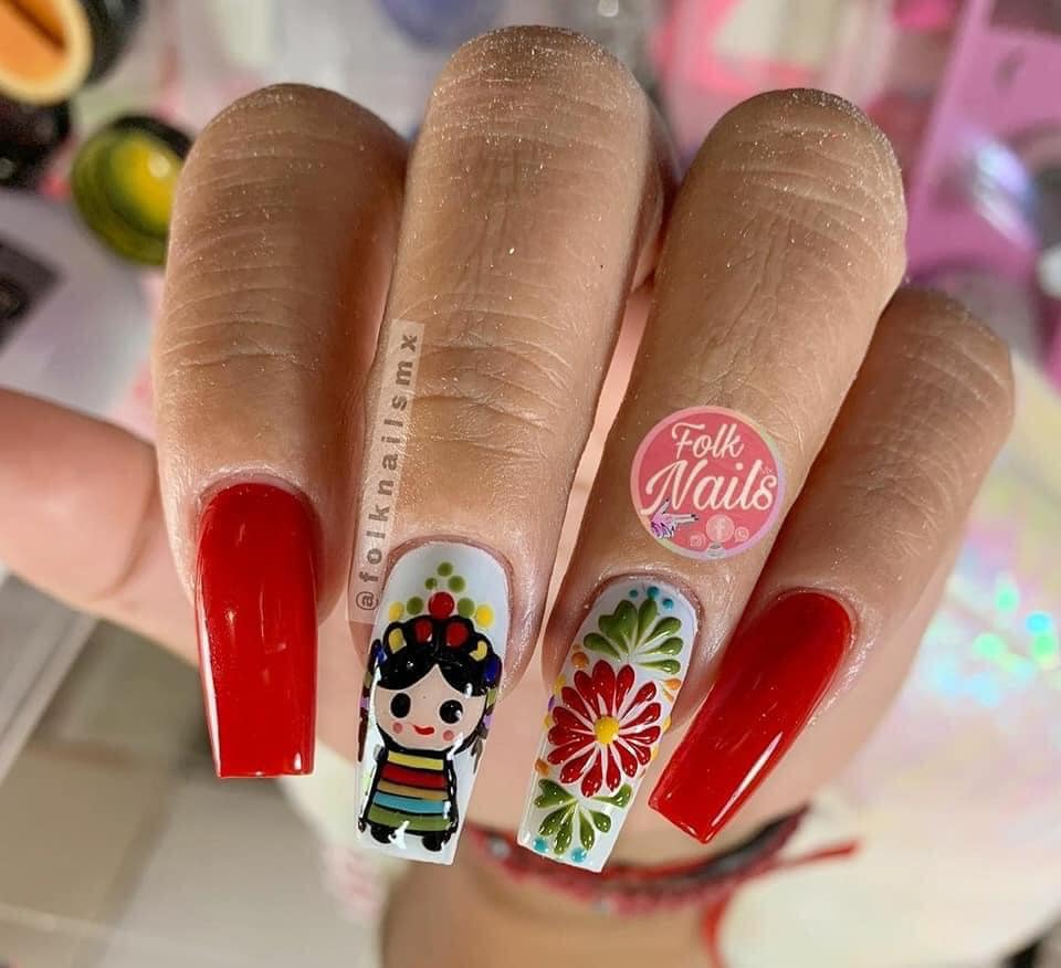 Uñas con muñecas mexicanas ;20 Ideas para darle a tus uñas un estilo mexicano y lleno de color