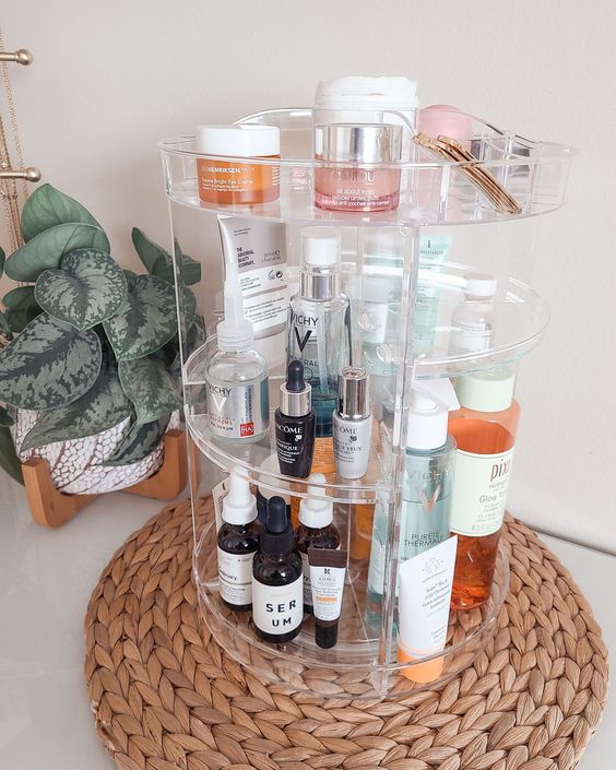 circular shelf with masks; 13 cool ideas to organize your masks