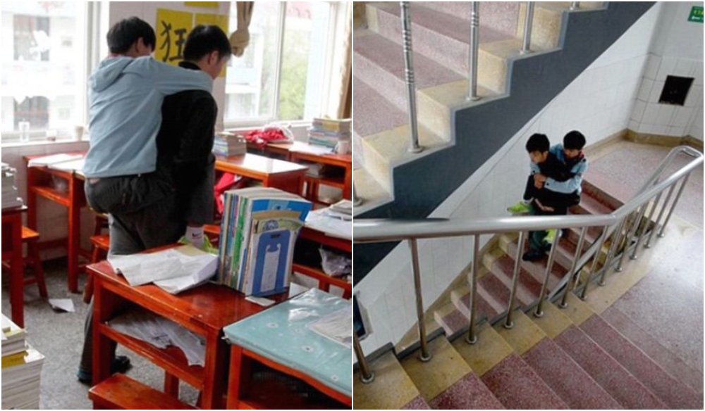 Friends in the classroom;  Young man carries his best friend on his back to take him to school