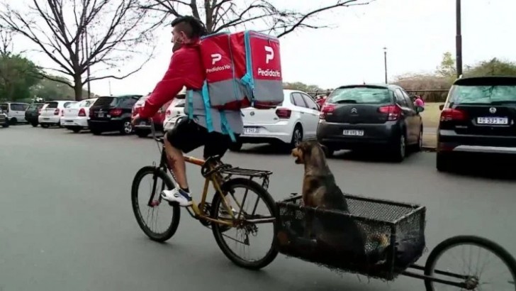 Hombre entregando comida junto a su perrito en una bicicleta 