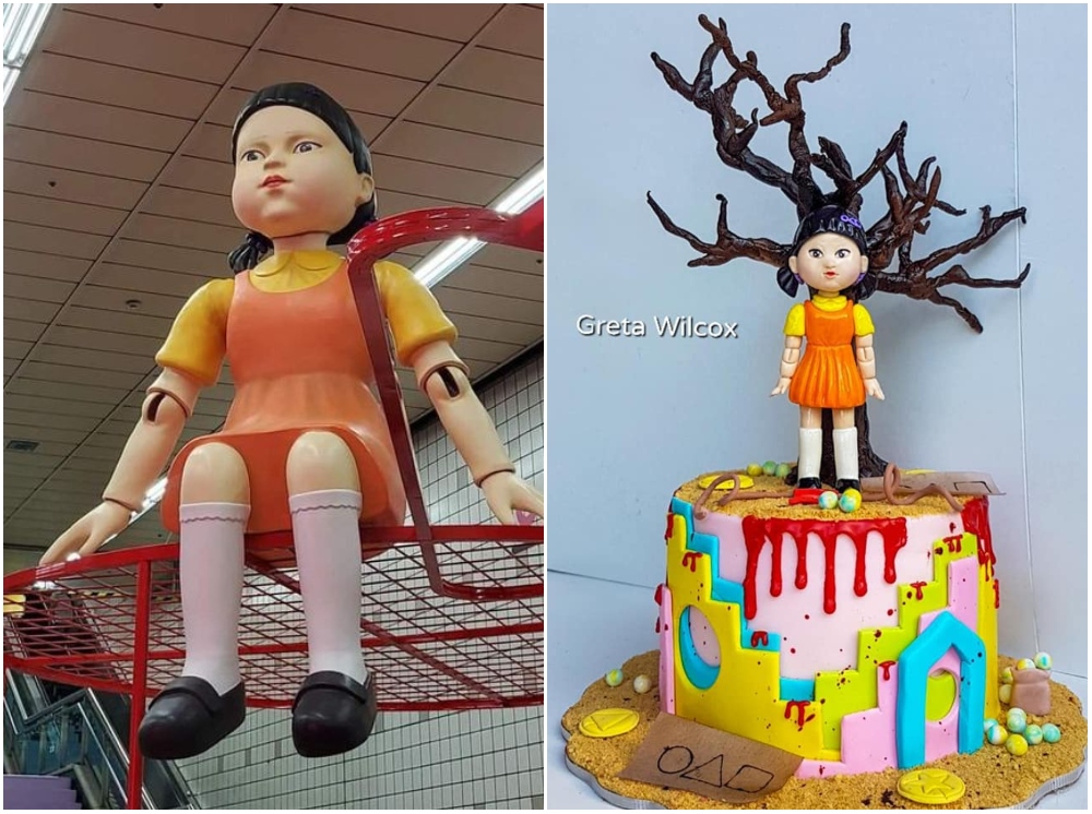 Pastel inspirado en El juego del calamar; La muñeca de 'El juego del calamar' ya tiene piñata y no sabemos si romperla o jugar luz roja - luz verde