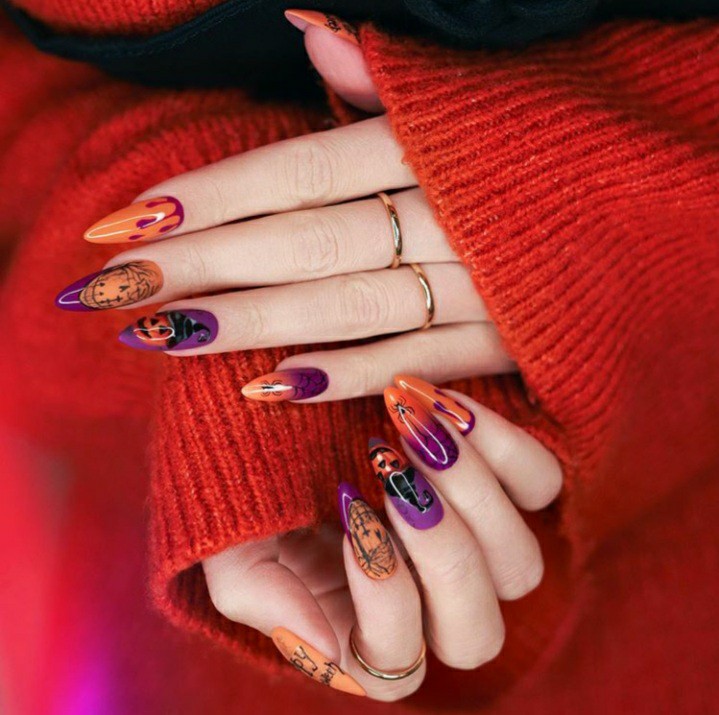 Manicura en tonos naranja y morado; 18 Manicuras a las que tu brujita interior no se resistirá