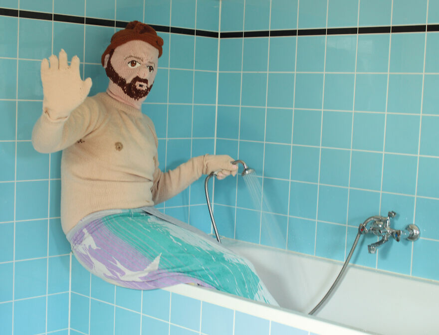 Knitted doll disguised as a mermaid;  Woman weaves her husband and son in life size