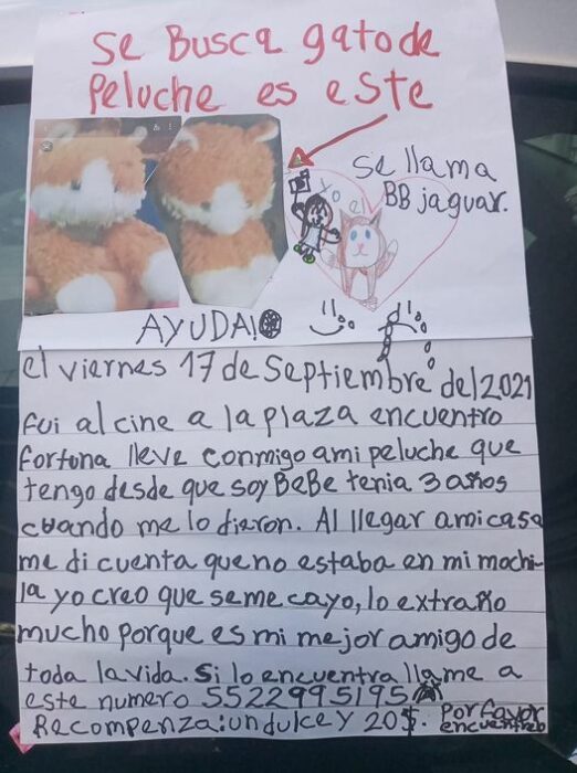 Cartel dando una recompenza por un peluche extraviado 