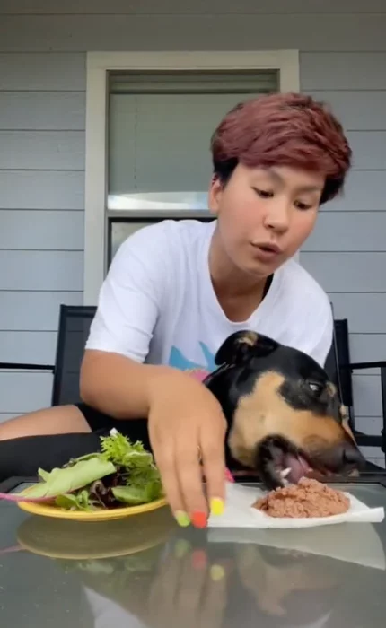 Perrita eligiendo comida para perros 