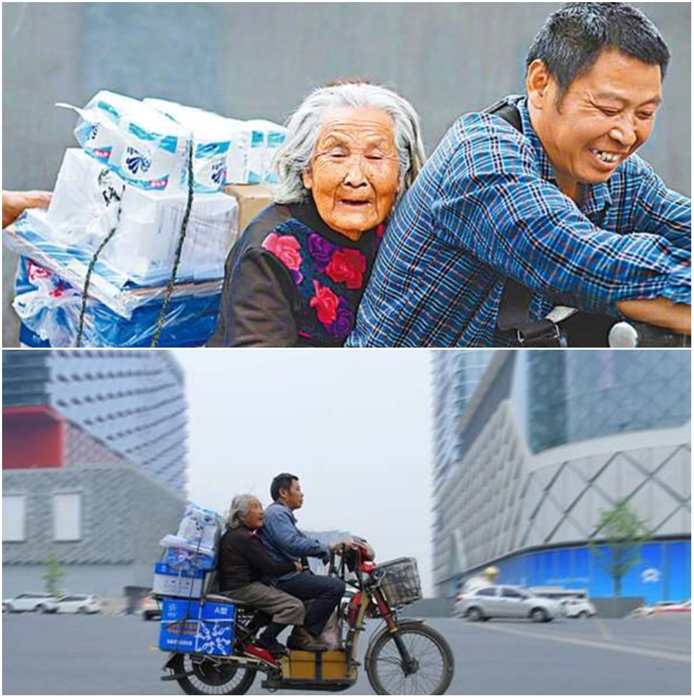 Madre e hijo viajando en moto; Repartidor lleva a su madre de 92 años a trabajar junto a él