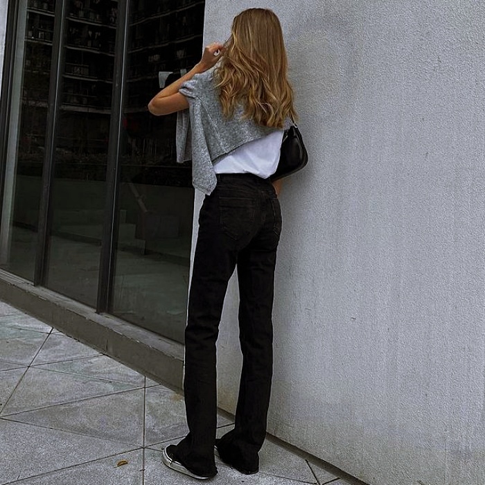 girl, girl with long hair, short, blonde, dark, black, collected using a white top, black, nude, beige, jeans, black pants, tennis, boots, heels, sunglasses, bag, jacket, trench coat, leather