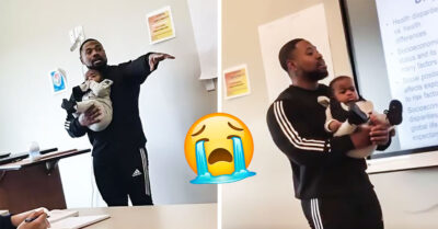 Profesor da clases con el bebé de una de sus alumnas en brazos para que ella no falte