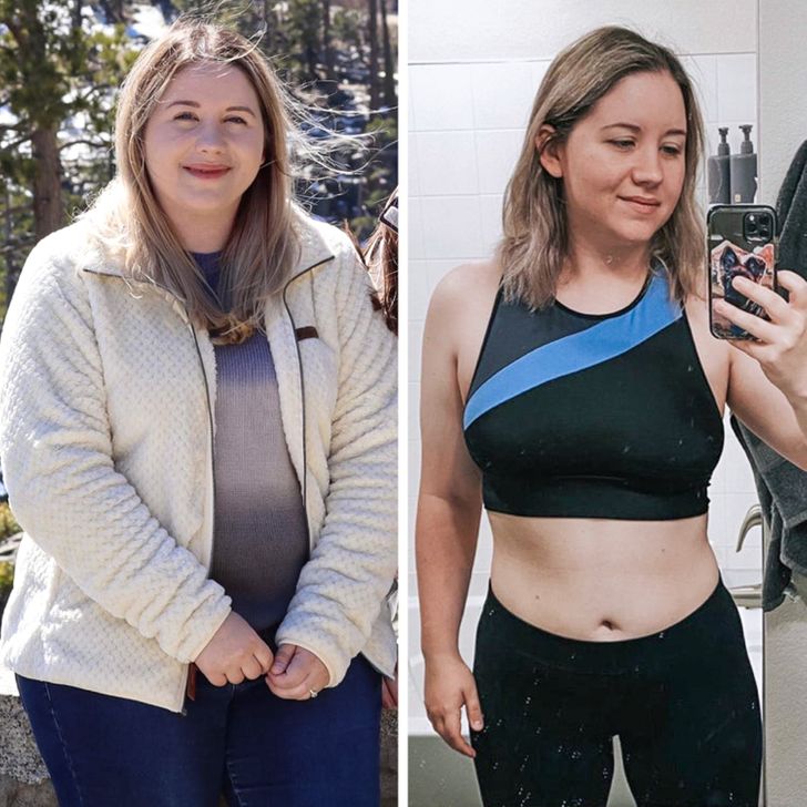 Girl in gym clothes before and after losing weight; 15 People who had a dream glow up and now feel better about themselves