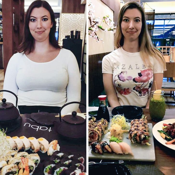 girl in a restaurant before and after losing weight; 15 People who had a dream glow up and now feel better about themselves