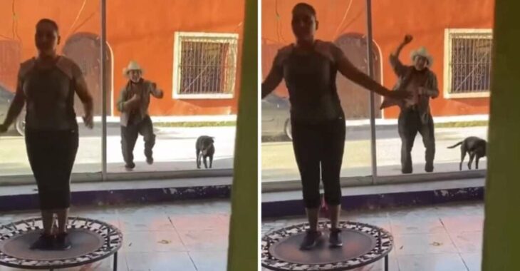 chica haciendo ejercicio en trampolín; Abuelito sorprende al bailar junto a mujeres que hacen ejercicio y contagia alegría