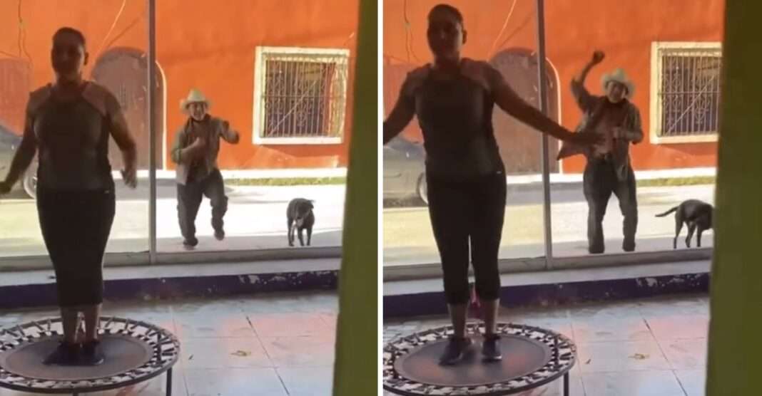 chica haciendo ejercicio en trampolín; Abuelito sorprende al bailar junto a mujeres que hacen ejercicio y contagia alegría