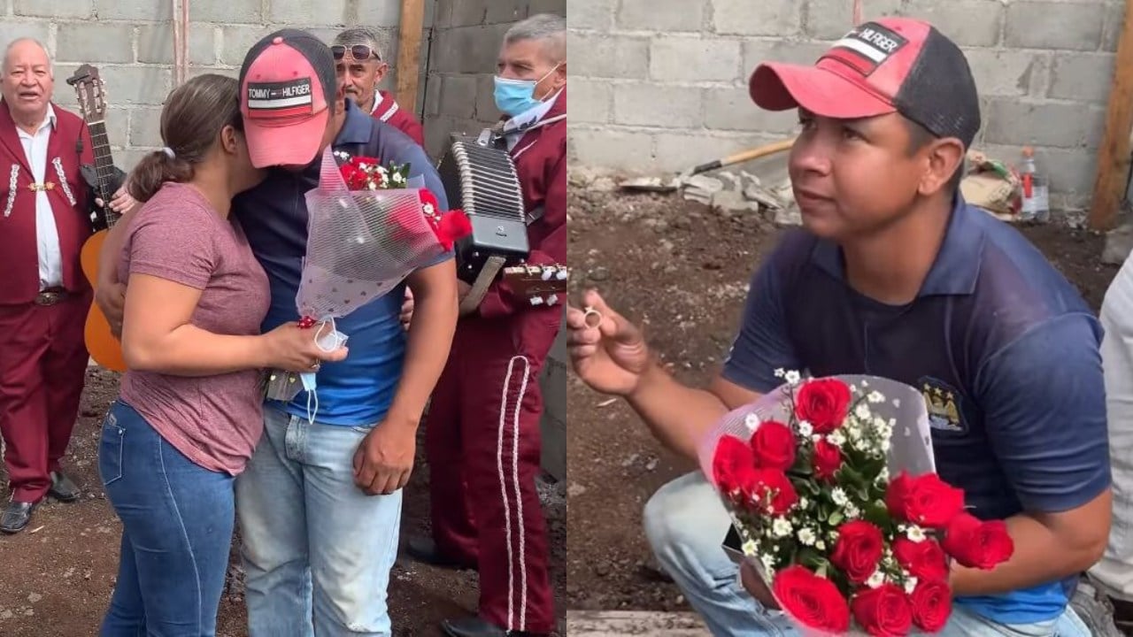 Hombre arrodillado pidiendo matrimonio; Albañil propone matrimonio a su novia en plena obra en construcción