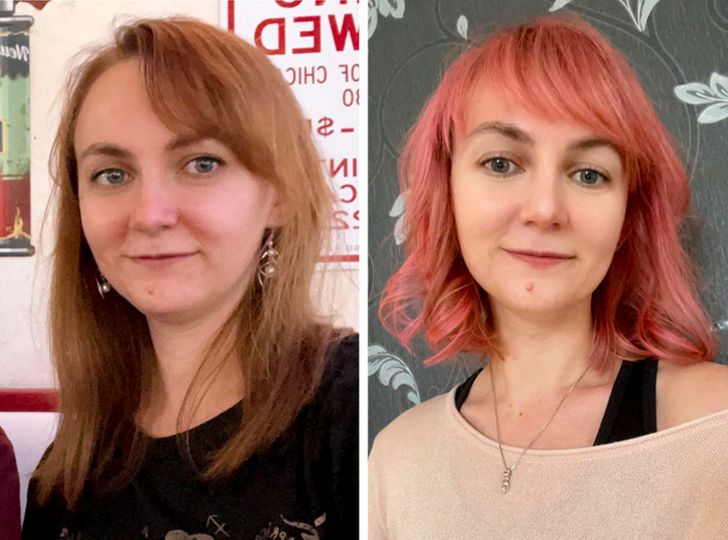 Chica con cabello rosa antes y después de cortar su cabello;15 Cambios de cabello que te inspirarán a hacer lo tuyo