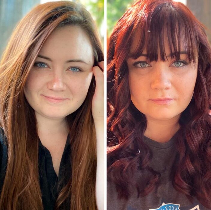 Chica cabello rojo antes y después de cortar su cabello;15 Cambios de cabello que te inspirarán a hacer lo tuyo