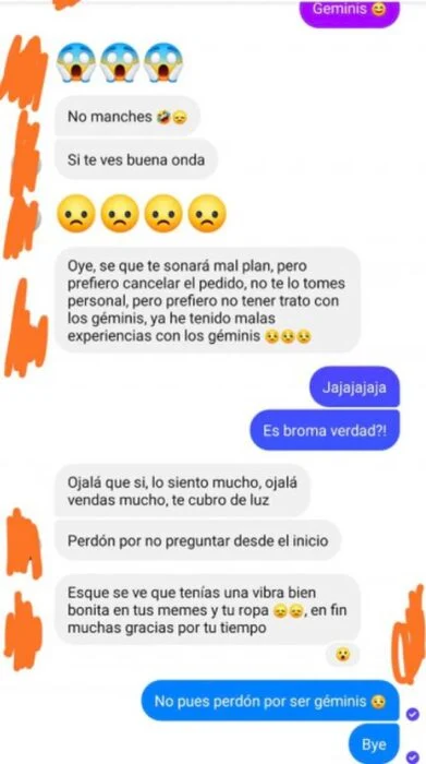 captura de pantalla; Cancela pedido a su Neni de confianza porque se enteró que es Géminis y 'no quiere nada de ese signo'