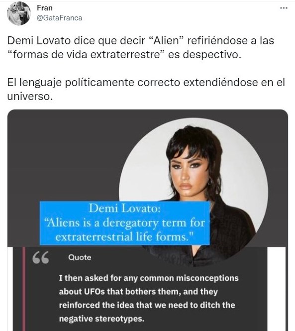 Tweet about Demi Lovato raises controversy by saying that calling aliens 'aliens' is 'derogatory'