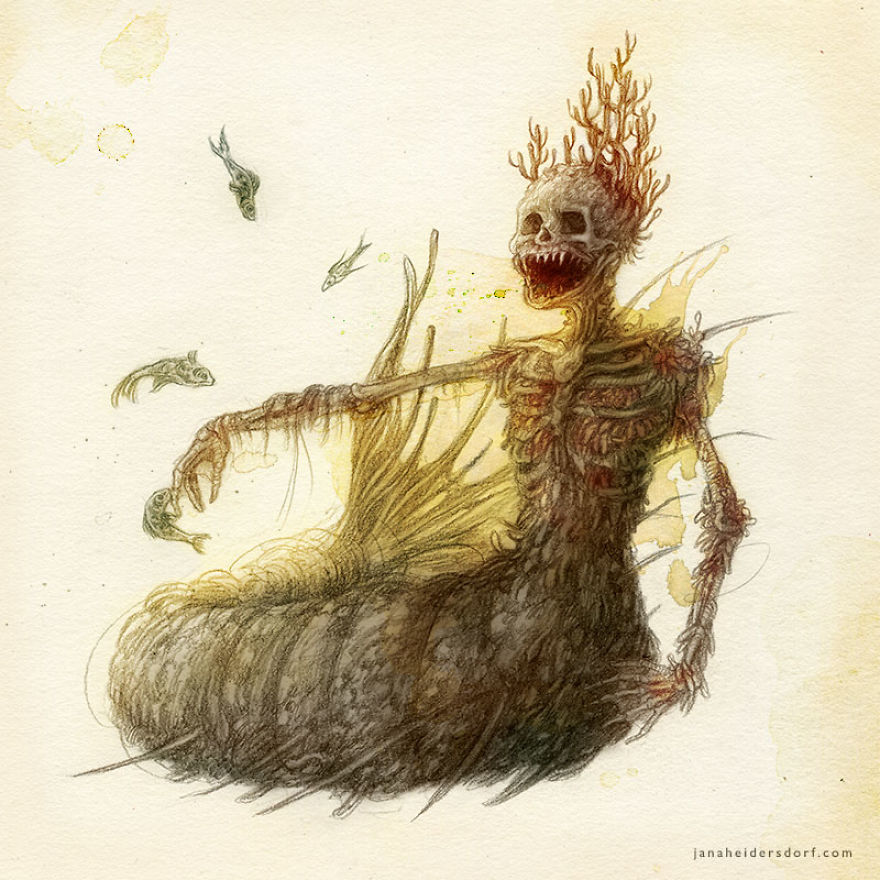 sirena calavera ilustración por Jana Heidersdorf;19 Ilustraciones de sirenas que te provocarán pesadillas