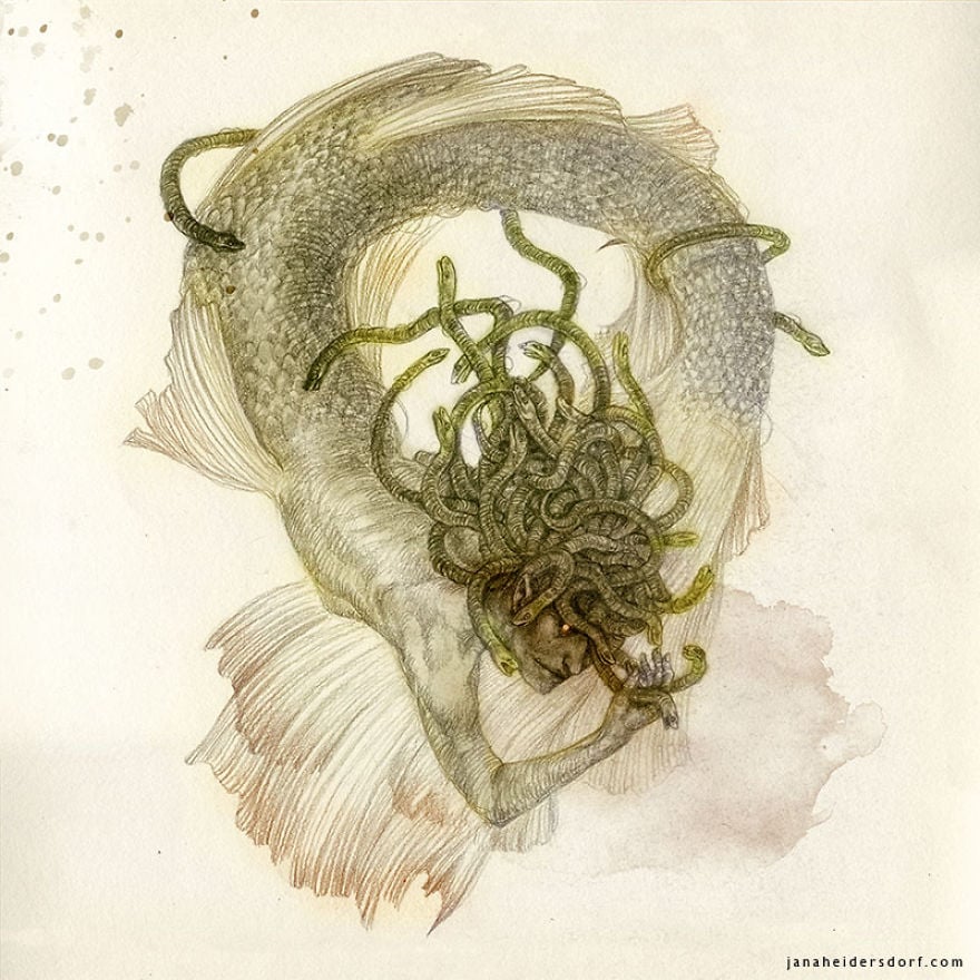 sirena de viboras ilustración por Jana Heidersdorf;19 Ilustraciones de sirenas que te provocarán pesadillas
