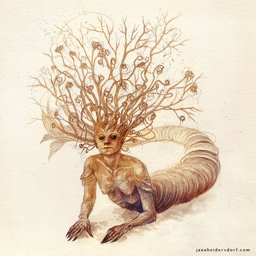 sirena con ramas ilustración por Jana Heidersdorf;19 Ilustraciones de sirenas que te provocarán pesadillas