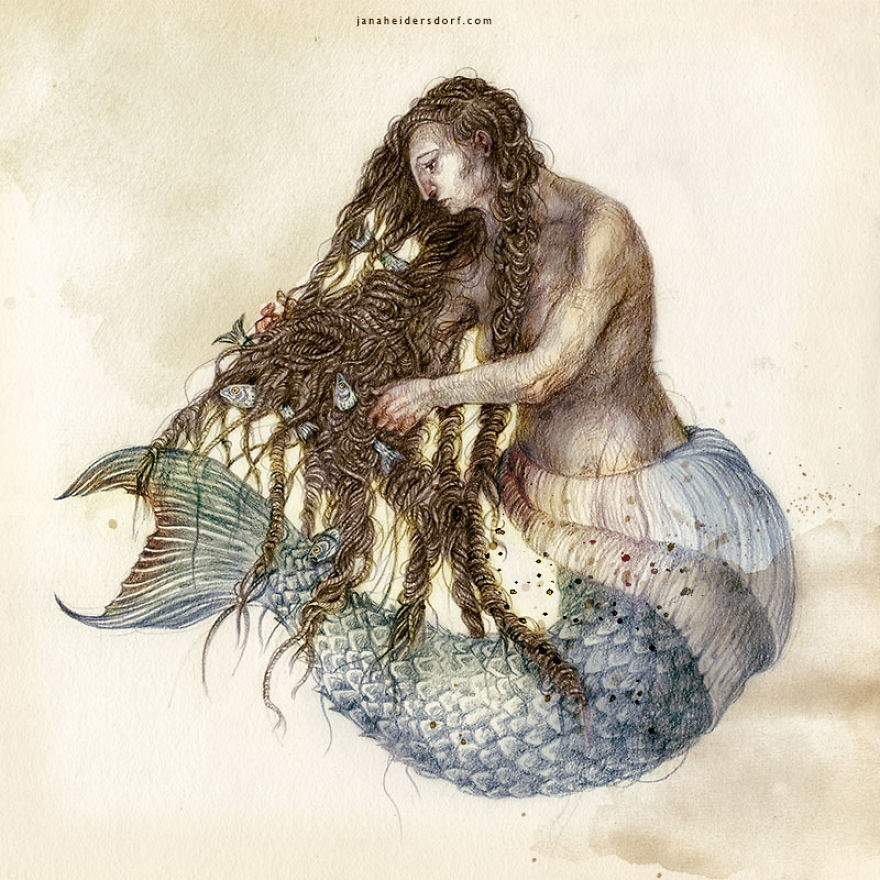 sirena con sola ancha ilustración por Jana Heidersdorf ;19 Ilustraciones de sirenas que te provocarán pesadillas