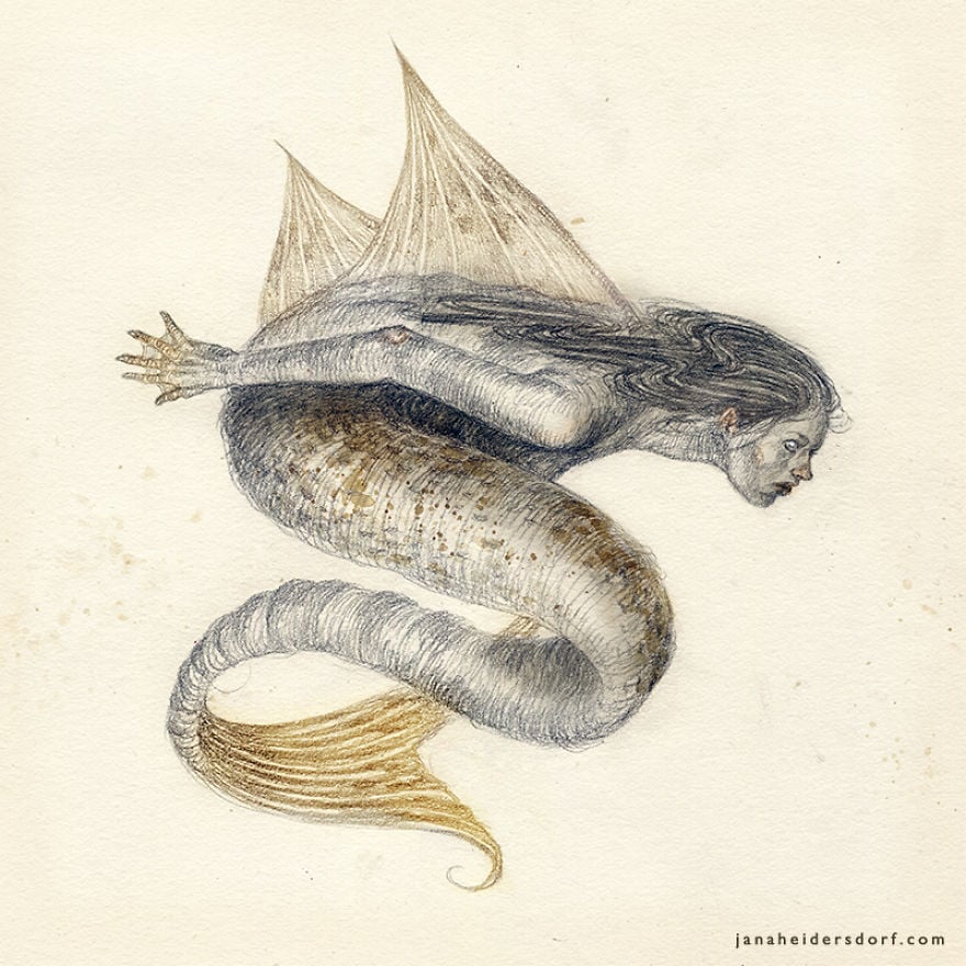 sirena tiburón ilustración por Jana Heidersdorf ;19 Ilustraciones de sirenas que te provocarán pesadillas