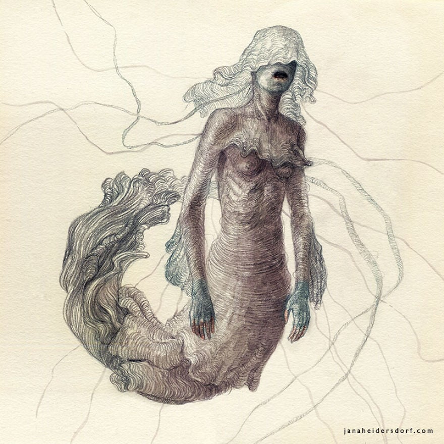 sirena gris ilustración por Jana Heidersdorf ;19 Ilustraciones de sirenas que te provocarán pesadillas