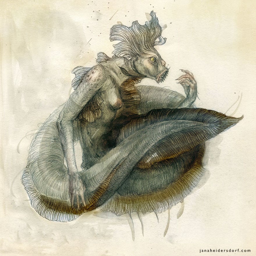 sirena azul marino ilustración por Jana Heidersdorf ;19 Ilustraciones de sirenas que te provocarán pesadillas