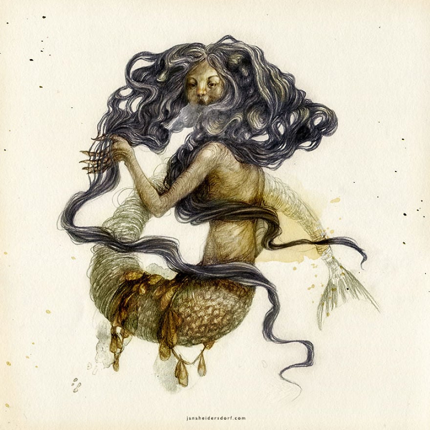 sirena con cabello oscuro ilustración por Jana Heidersdorf;19 Ilustraciones de sirenas que te provocarán pesadillas
