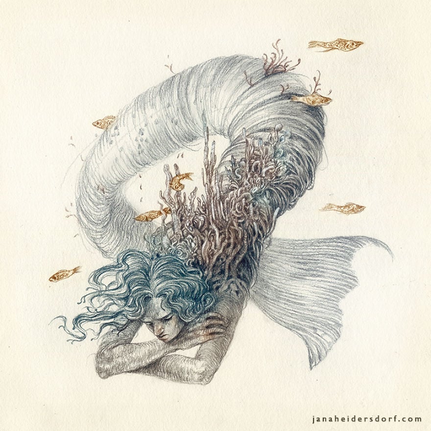 sirena cabello azul ilustración por Jana Heidersdorf;19 Ilustraciones de sirenas que te provocarán pesadillas