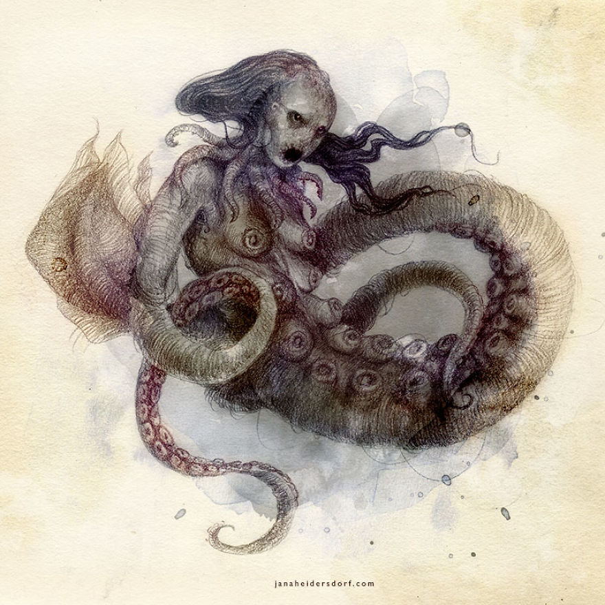 sirena pulpo ilustración por Jana Heidersdorf ;19 Ilustraciones de sirenas que te provocarán pesadillas