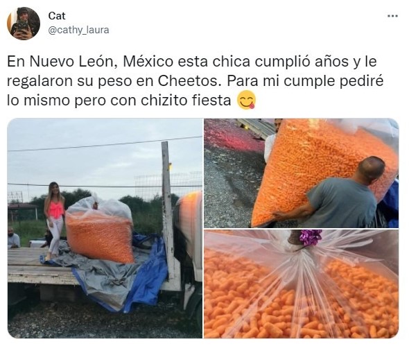 Tuit sobre Le regalan de cumpleaños su peso en Cheetos y es el obsequio perfecto