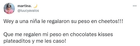 Tuit sobre Le regalan de cumpleaños su peso en Cheetos y es el obsequio perfecto